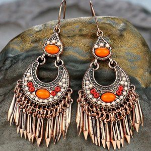 Fringed Beaded  Earrings SMALL COPPER COLOR  BEADED INDIA BOHO DANGLE‎ Y2K PARTY